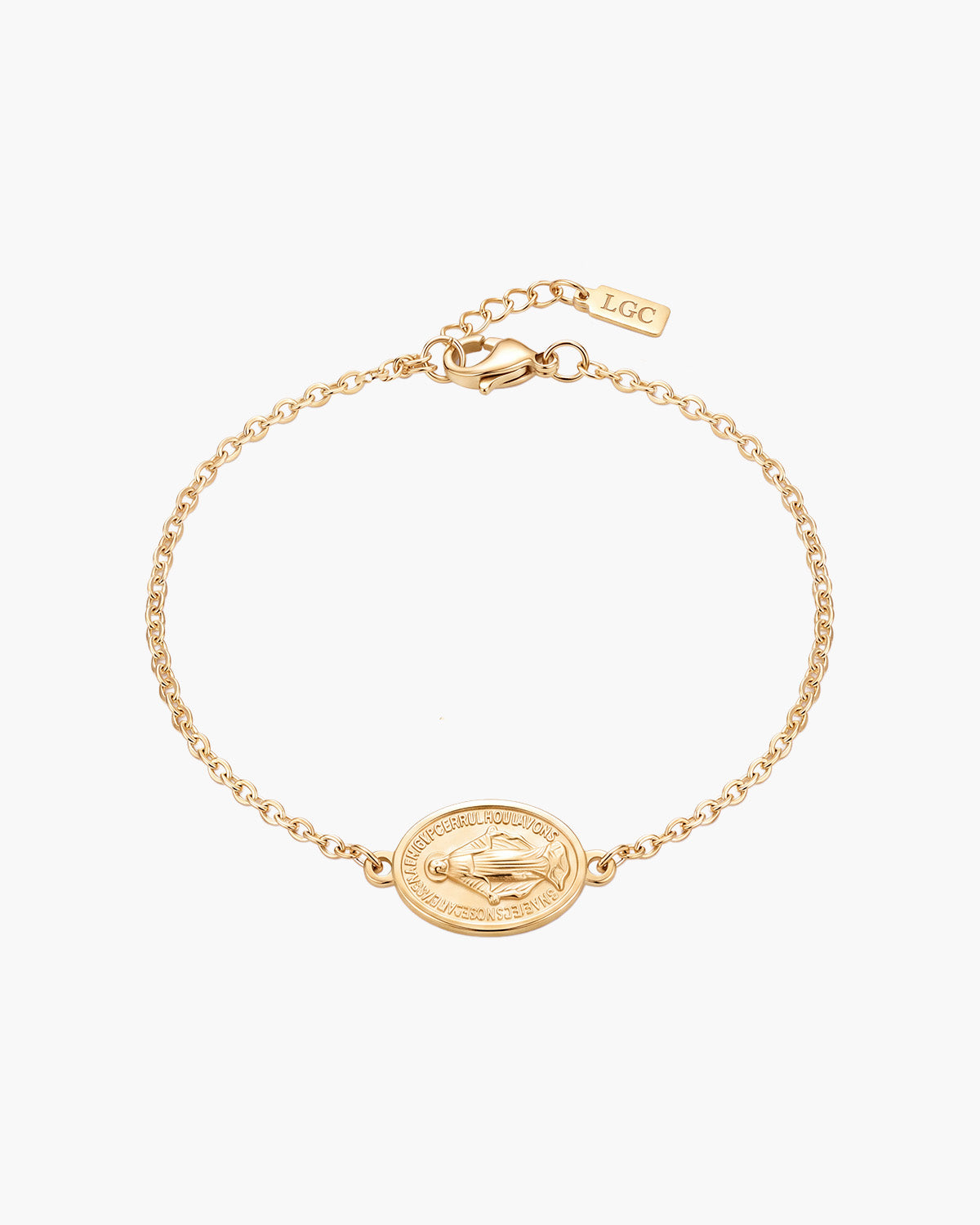 Gold chain bracelet with an oval Virgin Mary medallion.