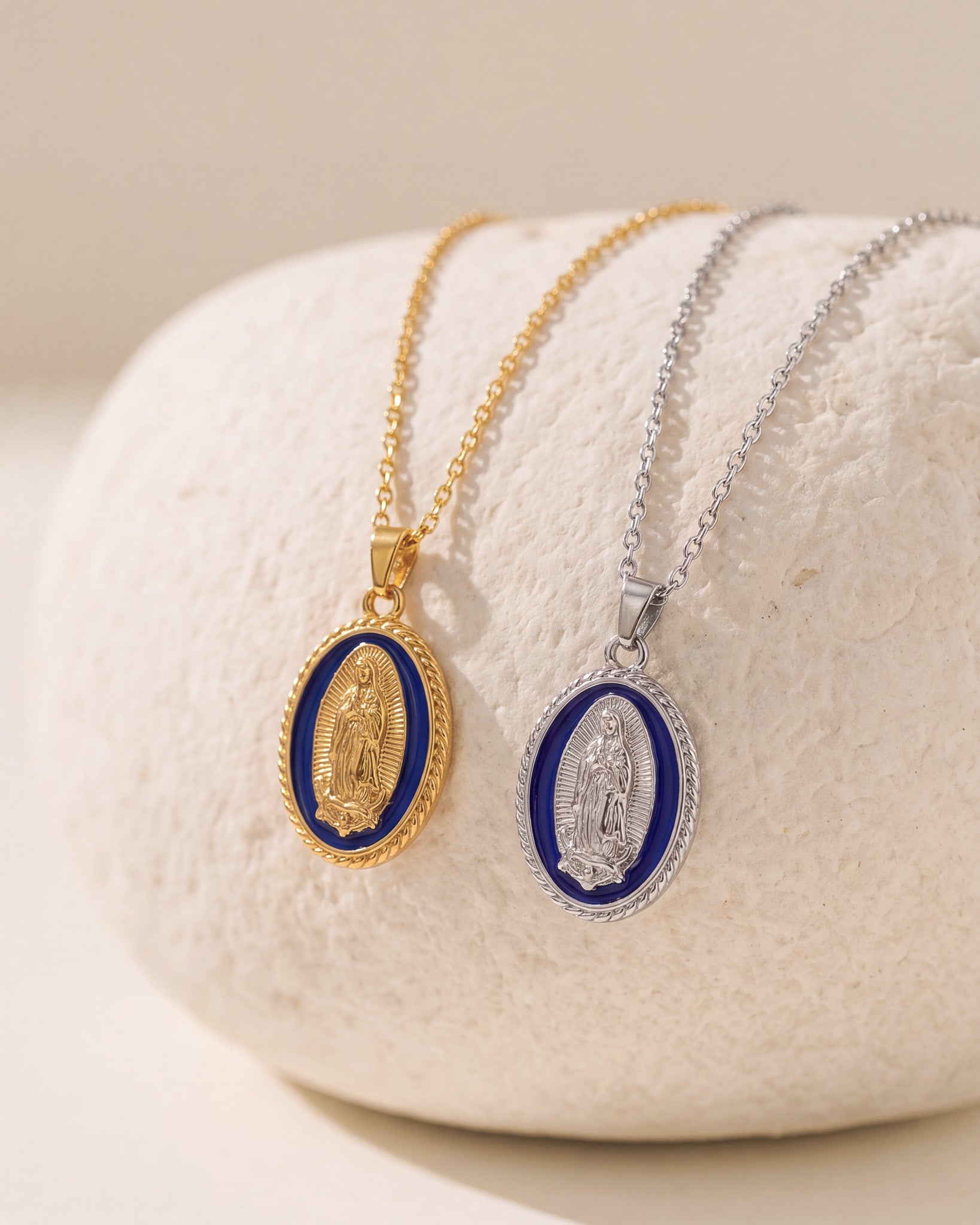 Gold tone Virgin Mary pendant necklace with blue enamel oval medallion