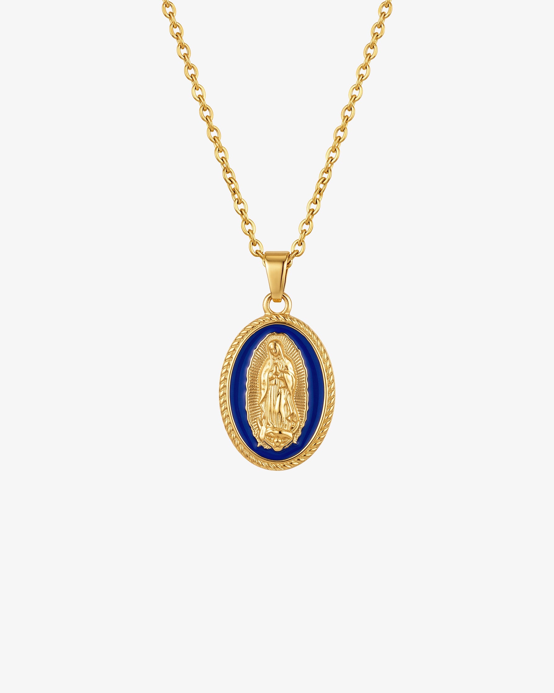 Gold Virgin Mary necklace with blue enamel oval pendant featuring the Virgin Mary