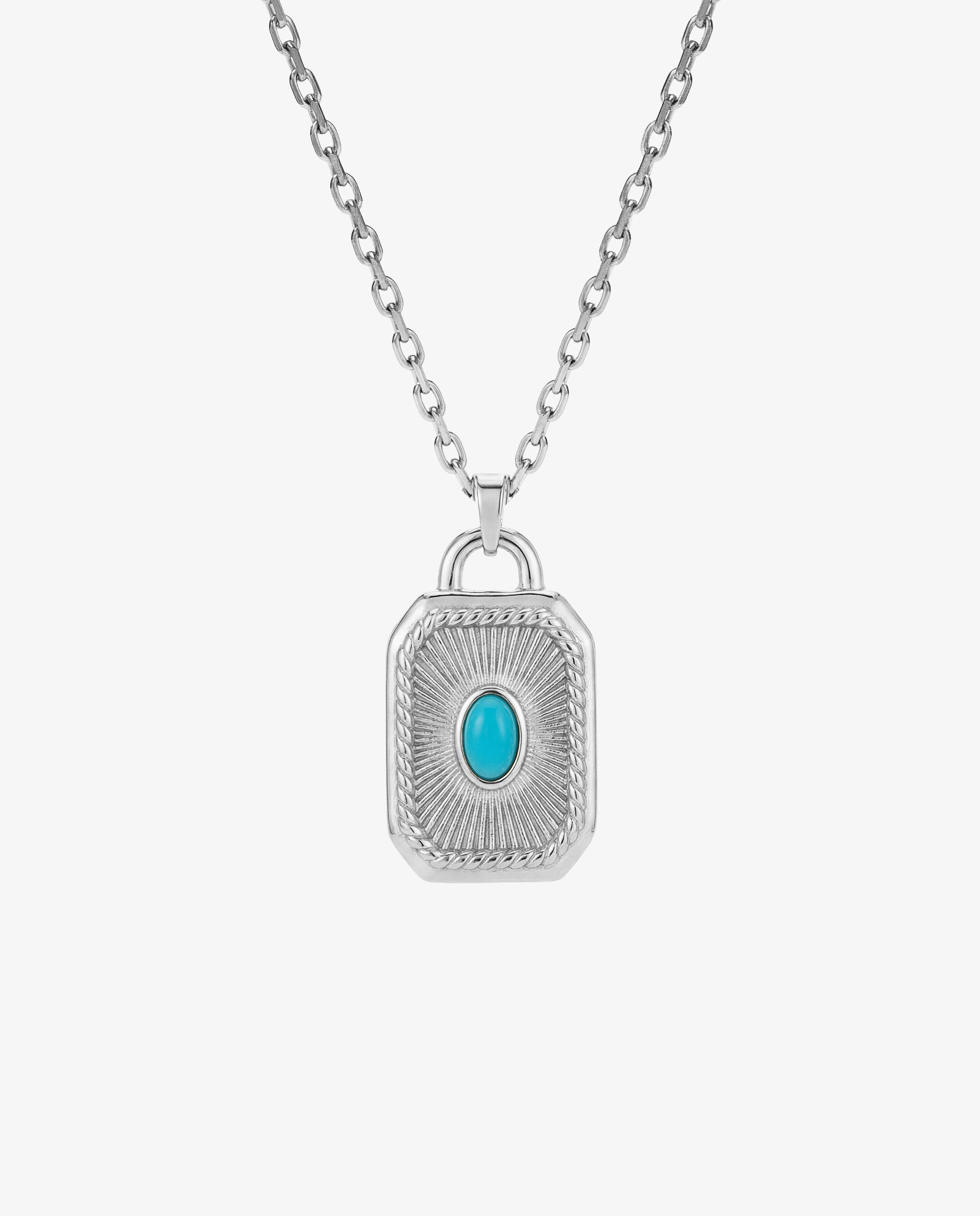 AETHER SILVER NECKLACE silver chain with a bold rectangular pendant and turquoise centerpiece