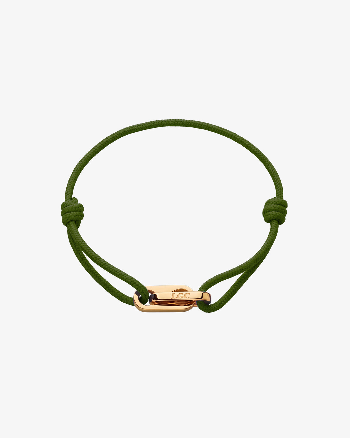 Atlantis gold bracelet with olive green cord, adjustable sliding knots and a gold clasp engraved LGC