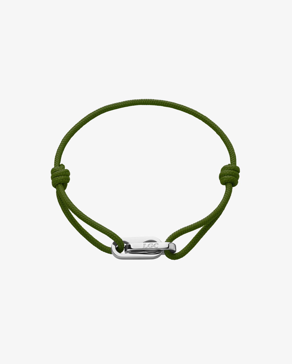 Atlantis silver bracelet with olive green cord, adjustable sliding knots and a silver clasp engraved LGC