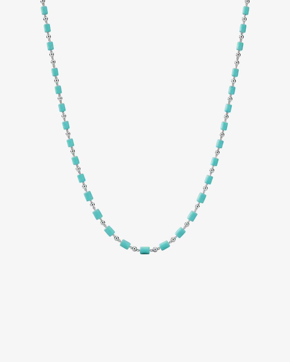 Turquoise cube bead necklace on a silver chain with small link connectors displayed against a white background