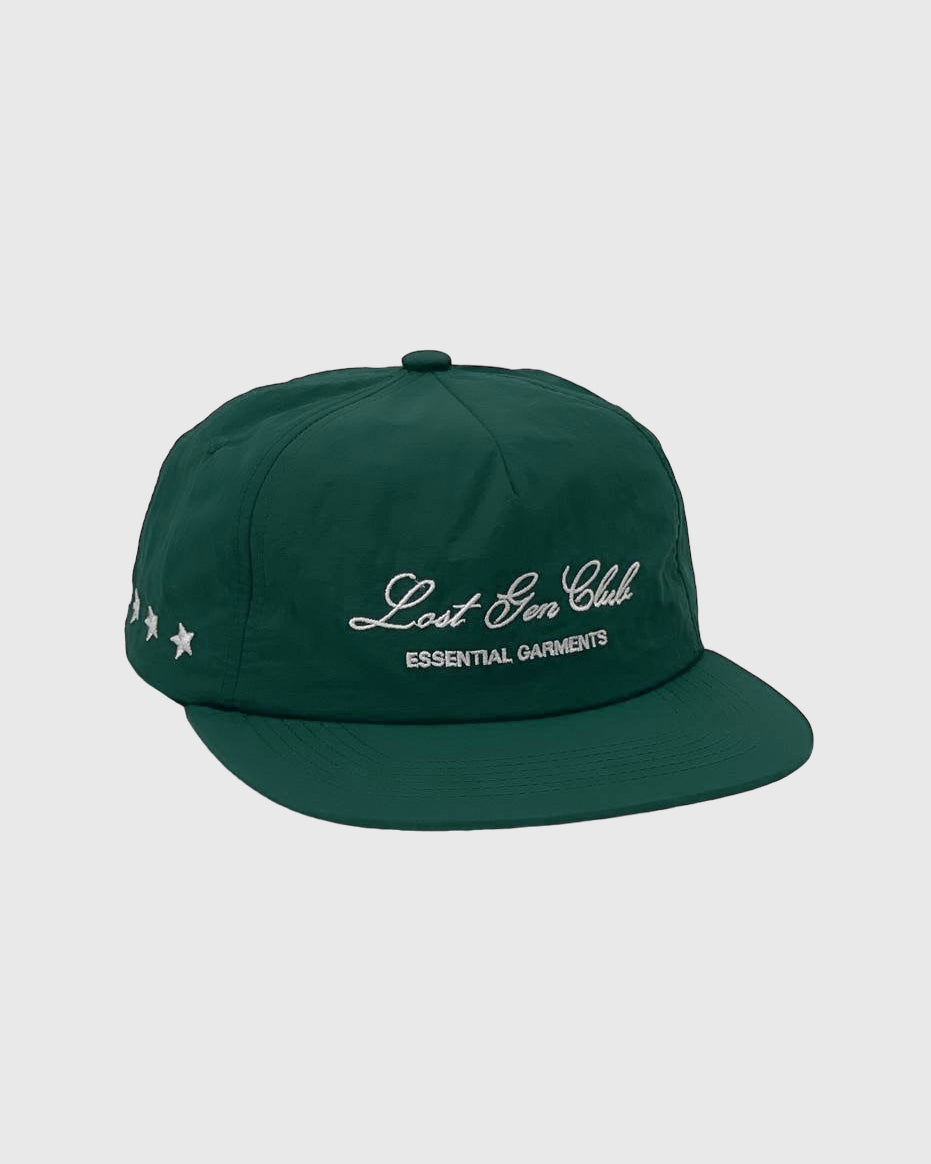 Green nylon five panel cap with embroidered Lost Gen Club logo and stars on the side
