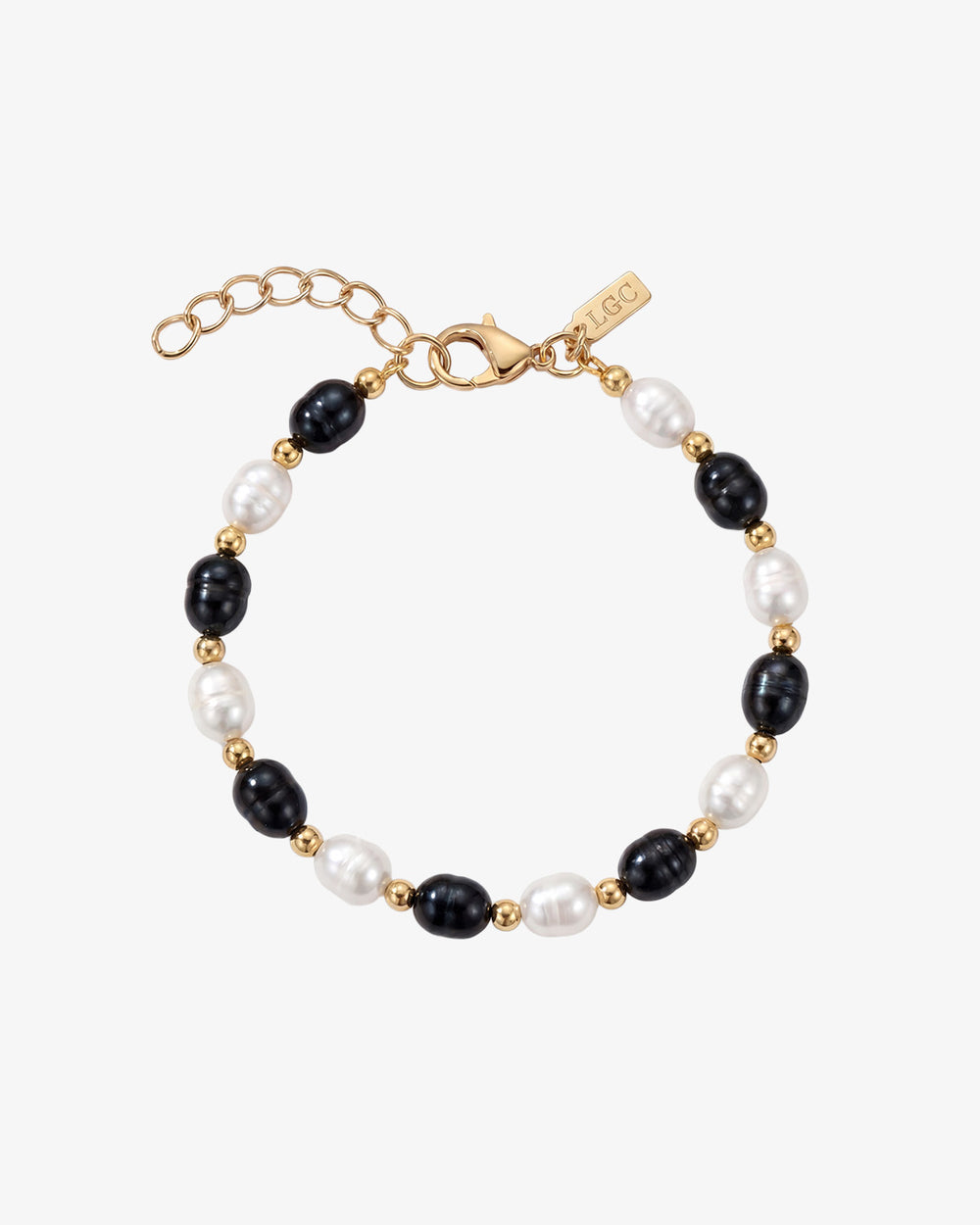 MELASTI Pearl Bracelet with Caribbean freshwater pearls in black and white and gold beads on an adjustable 17 cm chain