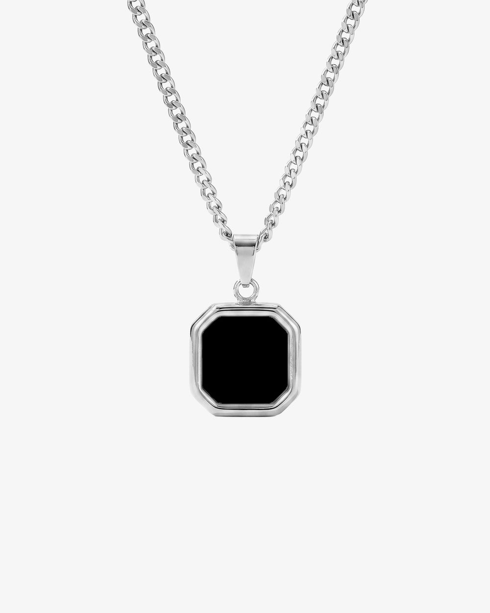 Nova Silver Necklace with a chunky curb chain and octagonal black onyx pendant