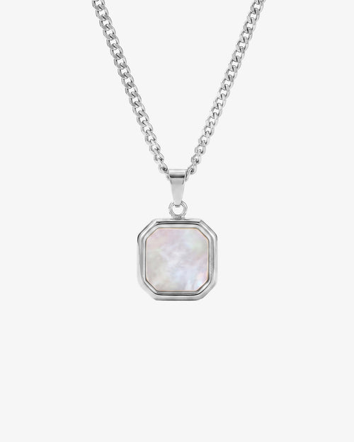 NOVA Silver Necklace pendant close up with iridescent mother of pearl stone set in a geometric silver frame