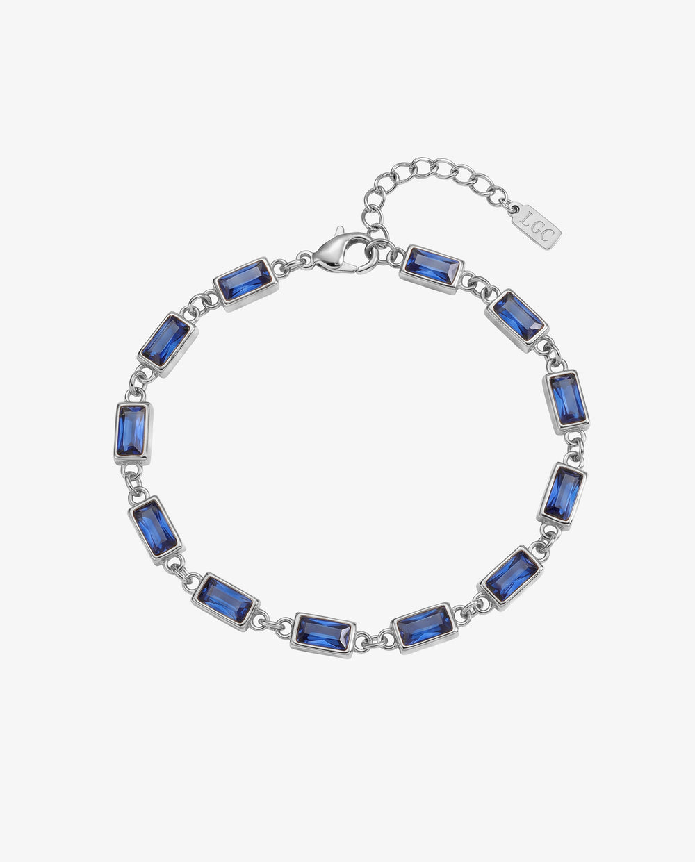 OMEN silver bracelet with blue rectangular stones linked around a wrist on a light background.