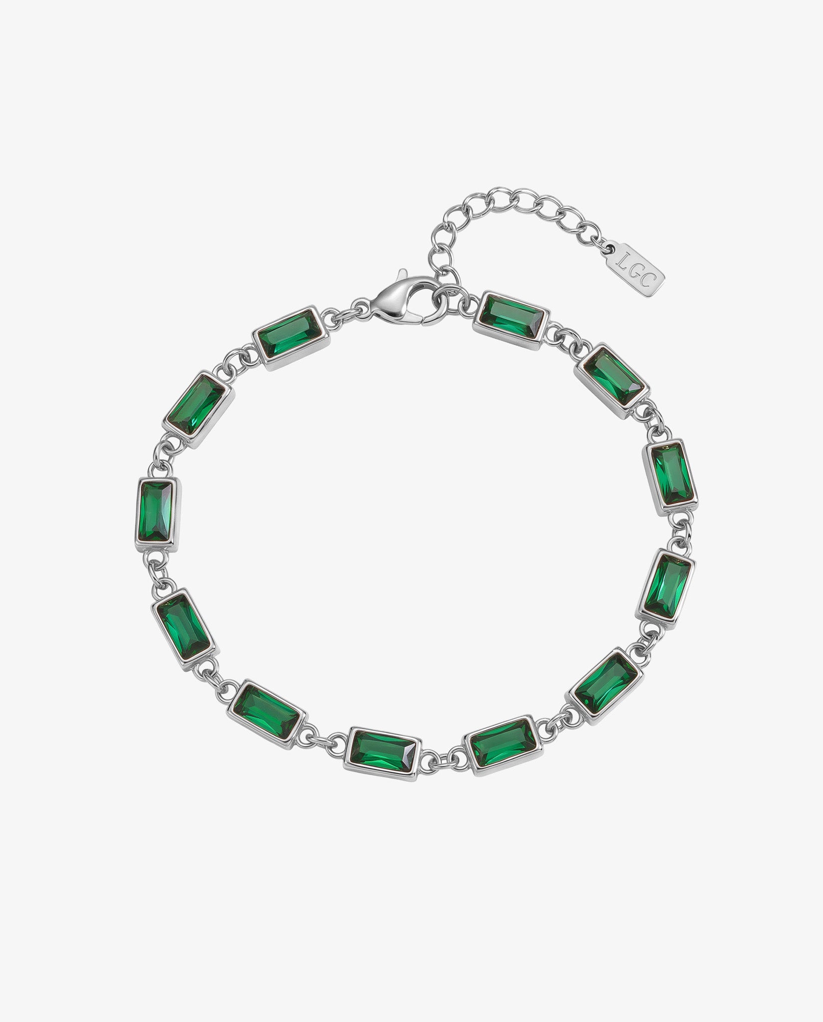 OMEN silver bracelet with emerald green rectangular stones set in silver frames and a lobster clasp