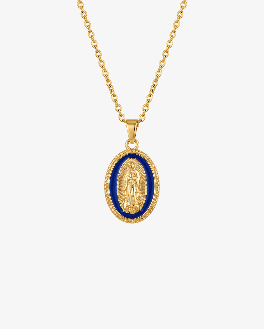 Gold Virgin Mary necklace with blue enamel oval pendant featuring the Virgin Mary