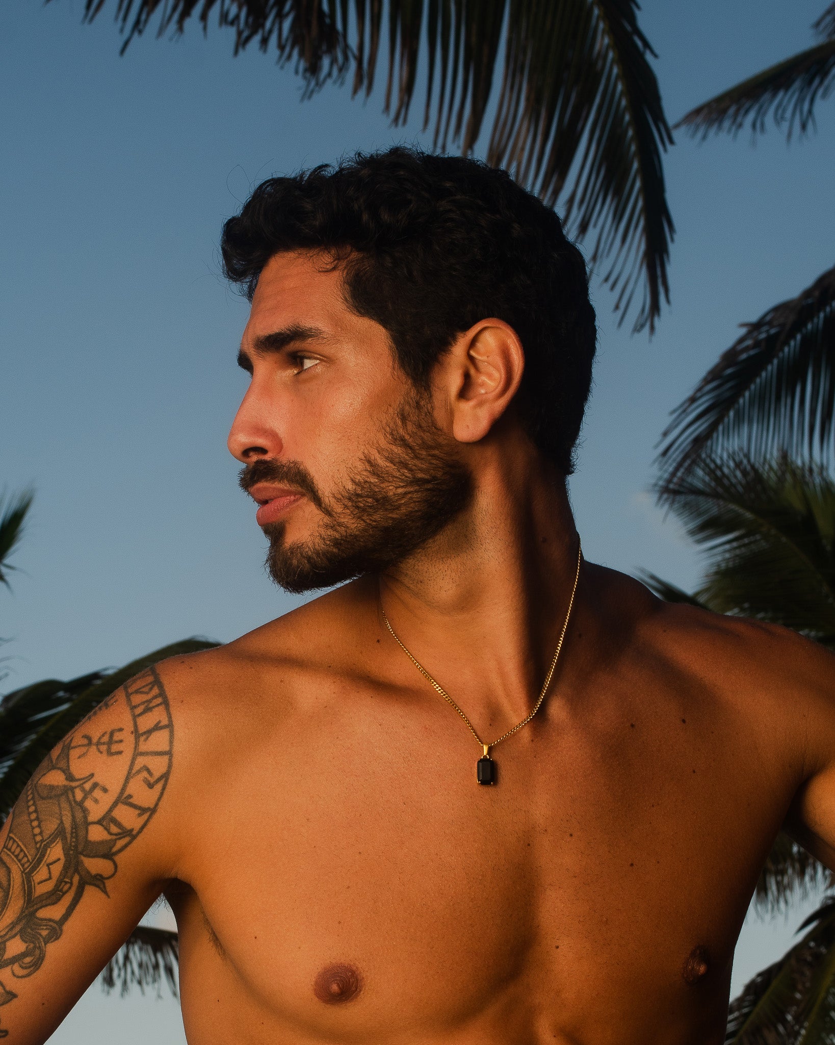 Profile view of a man wearing a gold VOLT necklace outdoors with palm trees in the background.